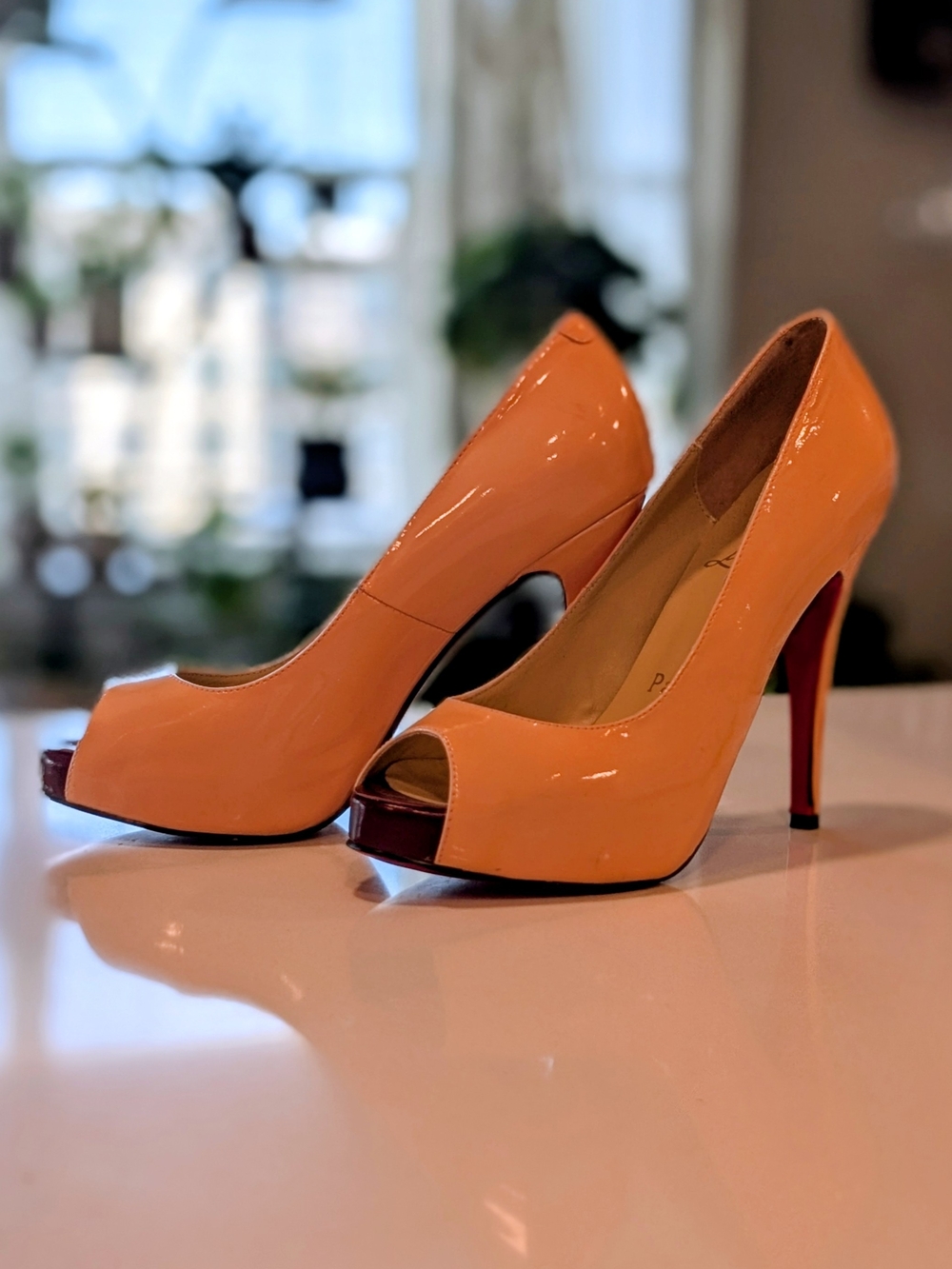 Christian Louboutin Classic Peep-Toe Patent Heels in Peach